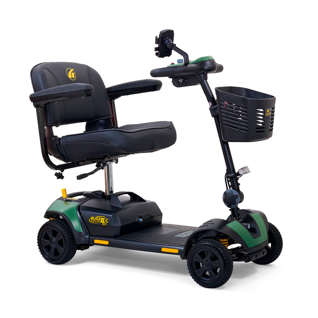 The Golden Tech GB124 Buzzaround XLS HD is a 4-wheel portable scooter with Comfort Spring Suspension, featuring a Delta tiller for easy control, a black cushioned seat with armrests, and a front basket. It has an elegant green and black base displaying Buzzaround.