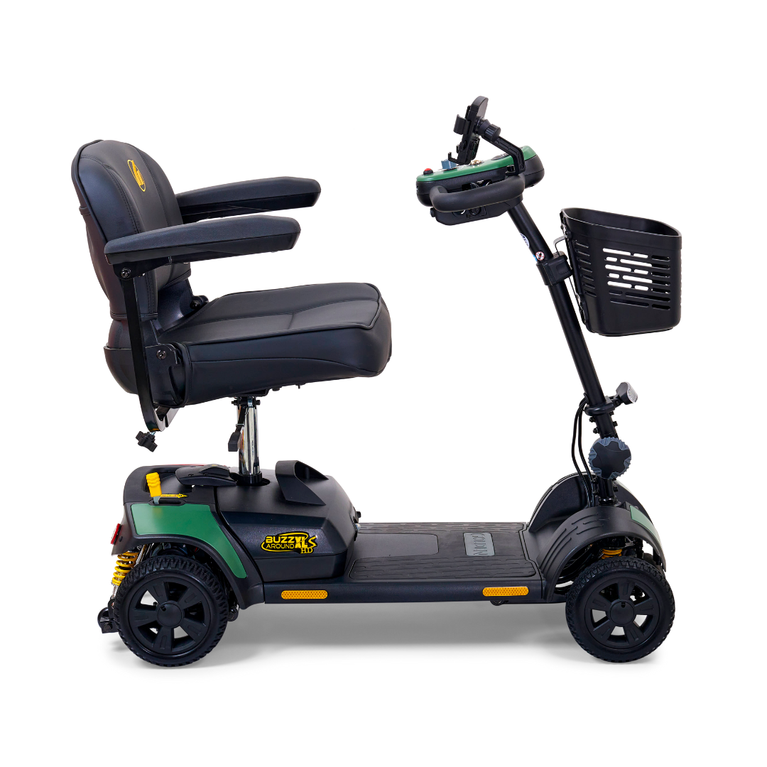 The Golden Tech GB124 Buzzaround XLS HD 4-Wheel Portable Scooter offers a black and green design with a padded seat, armrests, front basket, XR Extended Range Battery, delta tiller, comfort spring suspension, handlebars, and control buttons for optimal personal transportation.