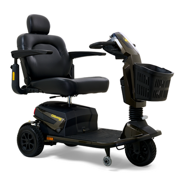 The Golden Tech Companion HD Bariatric 3-Wheel Scooter has a high-back Captain’s seat, armrests, a handlebar basket, and a sturdy footrest. Designed for comfort and reliability, it supports up to 500 lbs.