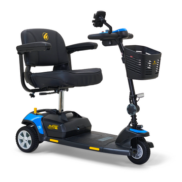 The Golden Tech GB121 Buzzaround XL 3-Wheel Portable Mobility Scooter in blue features a black cushioned seat with armrests, handlebars with controls, a front basket, and an extended range battery for longer rides. Its compact and functional, set against a white background.