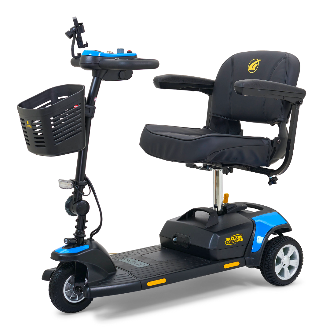 The Golden Tech GB121 Buzzaround XL 3-Wheel Portable Mobility Scooter is a blue and black mobility scooter with an extended range battery, a front basket, padded seat with armrests, handlebars, and small rear wheels for stability.