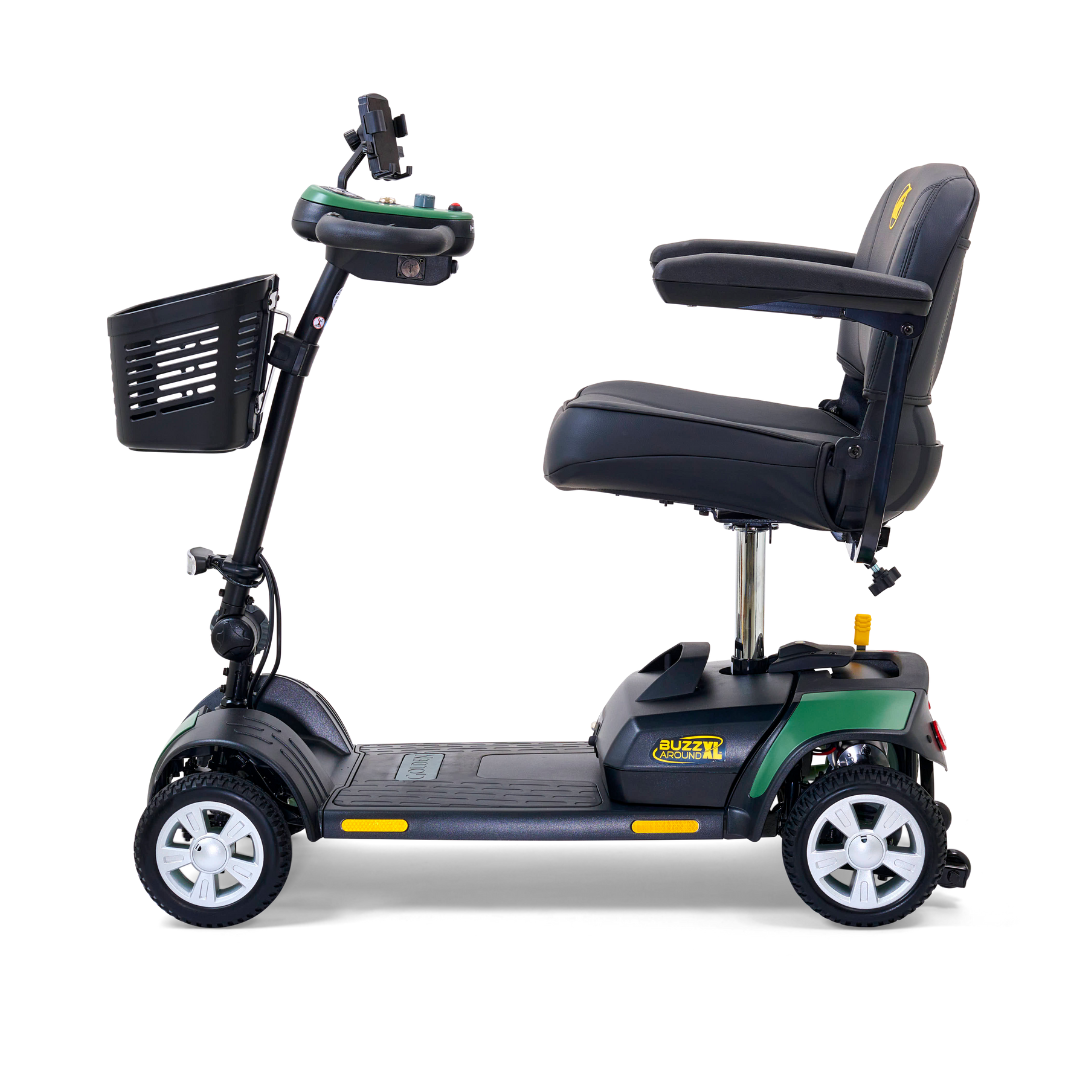 The Golden Tech GB124 Buzzaround XL 4-Wheel Portable Mobility Scooter offers a digital display tiller, black seat with armrests, and front basket. It features green-accented dark bodywork for better maneuverability and an extended range battery for efficient personal transport.