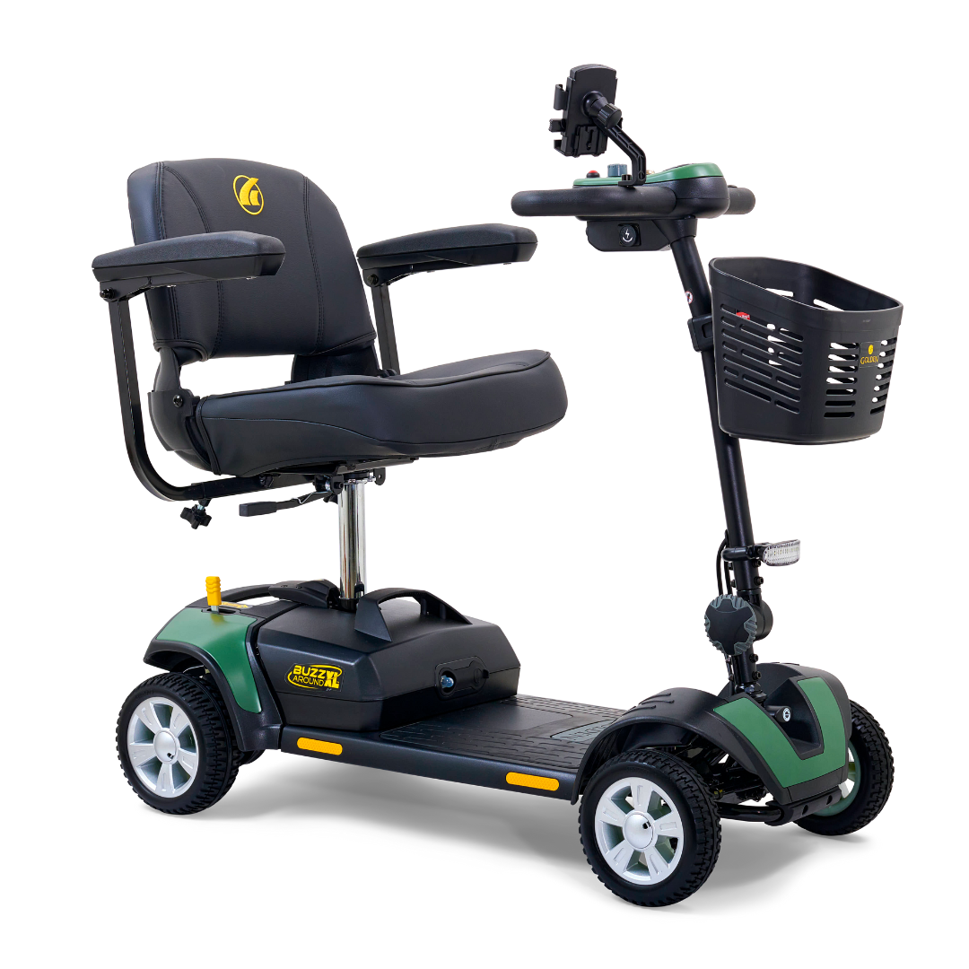 The Golden Tech GB124 Buzzaround XL 4-Wheel Portable Mobility Scooter in black and green offers improved maneuverability with a padded seat, armrests, handlebars, front basket, and device holder on a sturdy platform with traction wheels for enhanced range and stability.