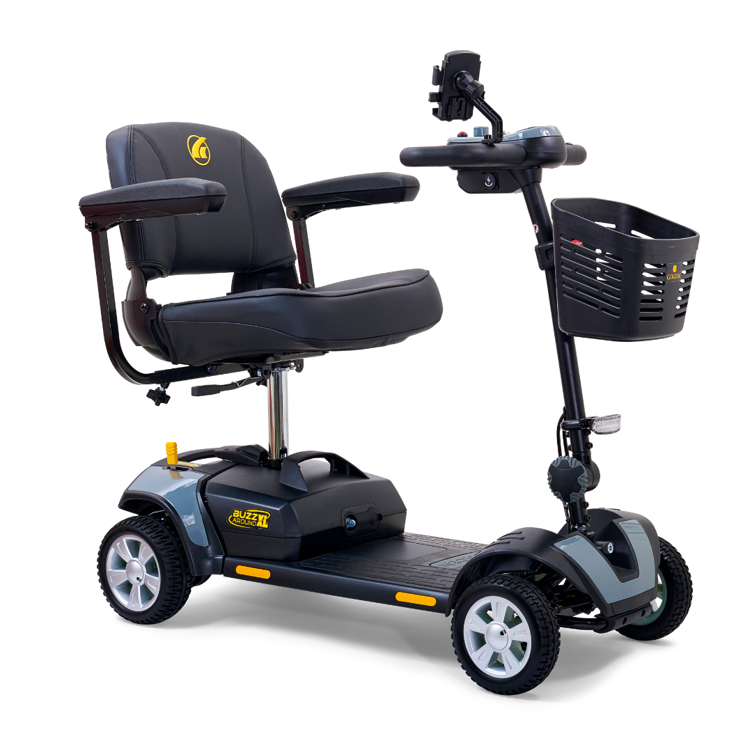 Introducing the Golden Tech GB124 Buzzaround XL 4-Wheel Portable Mobility Scooter—a sleek, black mobility solution with extended range battery, padded seat with armrests, handlebar control panel, and front basket for storage, all enhancing comfort and maneuverability.