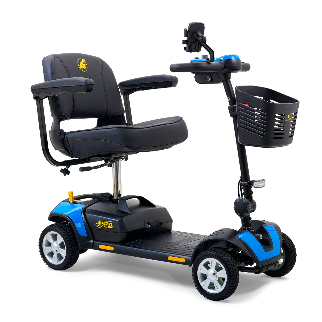 The Golden Tech GB124 Buzzaround XL 4-Wheel Portable Mobility Scooter includes a cushioned seat, armrests, small front basket, LED angle-adjustable headlight for night safety, and control panel handlebars for ideal personal transport.