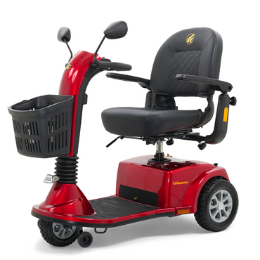 The Golden Tech GC240 Companion Mid-Size Mobility Scooter is a red, stylish scooter with three wheels, black adjustable sliding seat, armrests, rearview mirrors, a front basket, and reflective lights for indoor/outdoor use. It disassembles easily for transport.