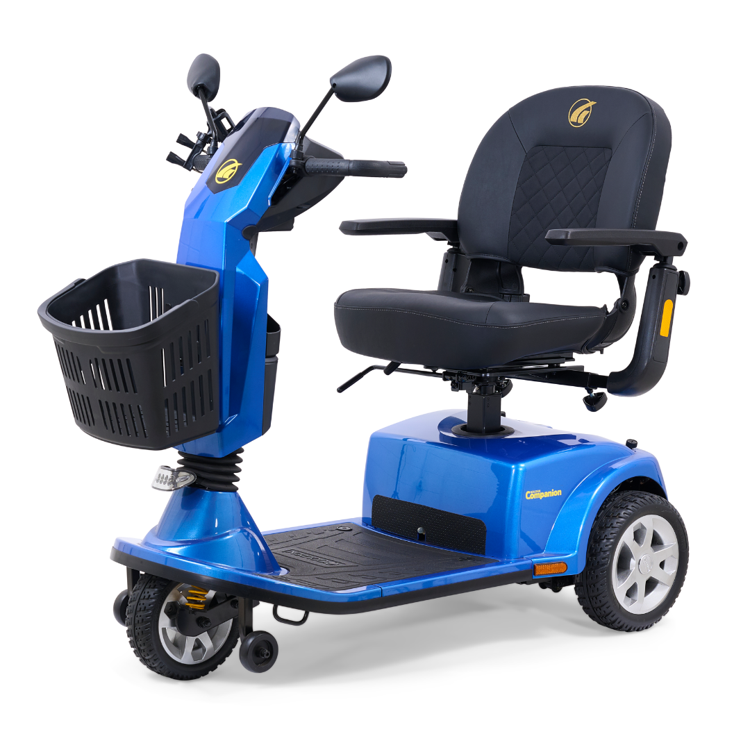 The Golden Tech GC340 Companion Full-Size Bariatric Mobility Scooter features a blue design with a high-back stadium-style seat, front basket, easy-to-use handlebar controls, and adjustable tiller for comfort. The brand logo is displayed on both the scooter and seat backrest.