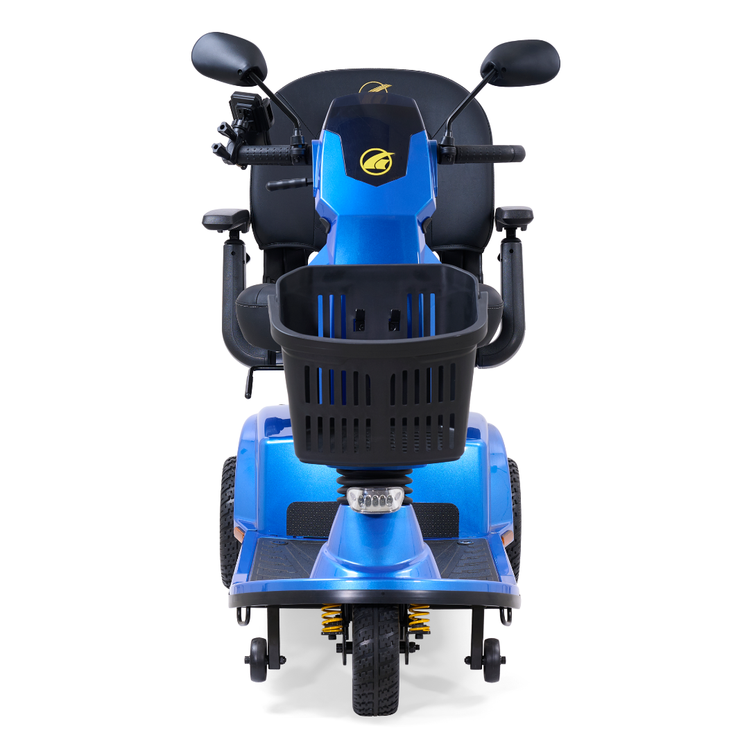 The front view of the Golden Tech GC340 Companion Bariatric Mobility Scooter in blue highlights a comfortable black high-back stadium-style seat with armrests, adjustable tiller handlebars, rearview mirrors, a control panel, and a convenient front basket above the wheel.