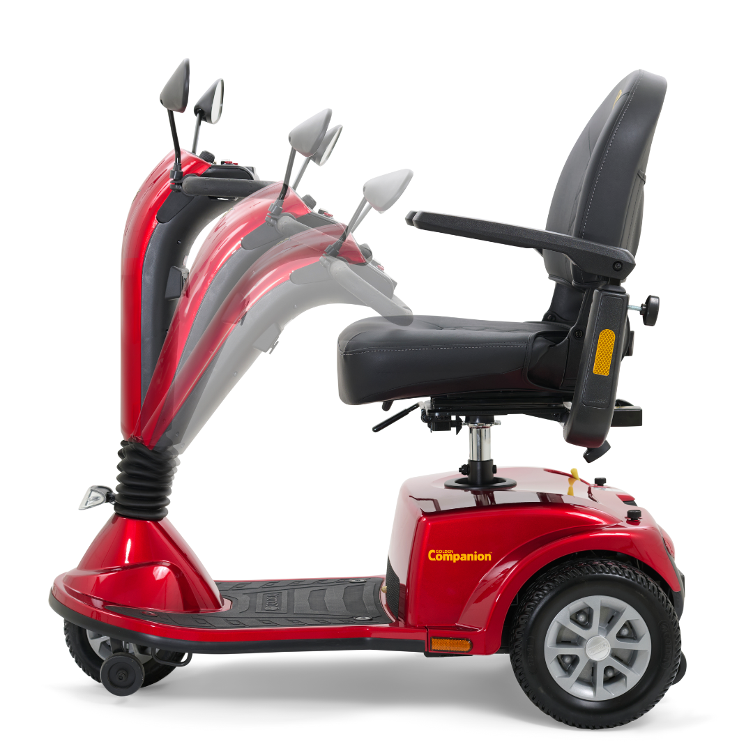 Discover the Golden Tech GC340 Companion, a full-size bariatric 3-wheel scooter with a high-back stadium seat and adjustable tiller. This red mobility scooter boasts a padded black seat, armrests, sleek design, small grey wheels, and the Companion brand proudly displayed on the side.