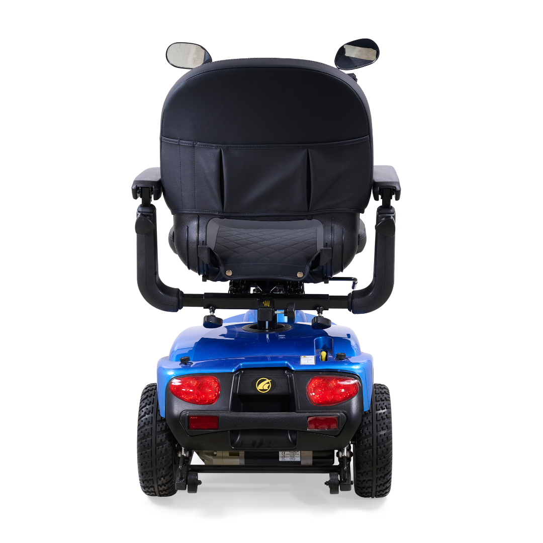 The image shows a rear view of a blue Golden Tech GC340 Companion Full-Size Bariatric Mobility Scooter featuring an adjustable tiller, high-back stadium-style seat, armrests, two rearview mirrors, four wheels, and red rear lights.