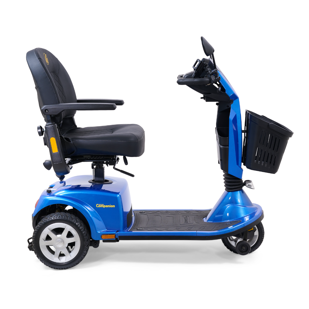 The Golden Tech GC340 Companion Full-Size Bariatric Mobility Scooter features a blue design parked on a white background with a high-back stadium-style black cushioned seat, armrests, adjustable tiller, and front basket. Its sturdy frame ensures reliability and comfort.