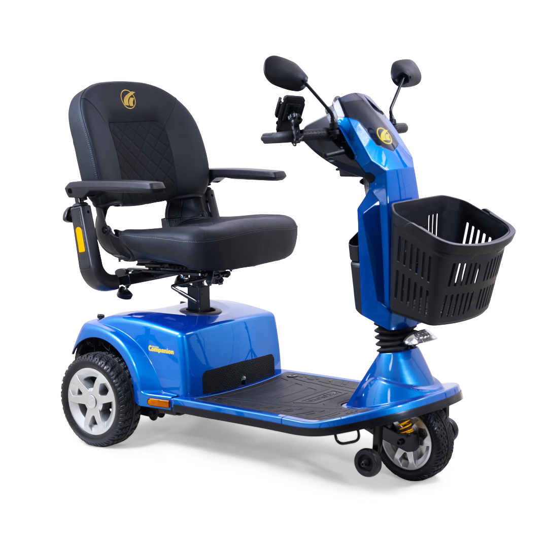 Explore the Golden Tech GC340 Companion Full-Size Bariatric Mobility Scooter in vibrant blue, featuring a high-back stadium seat, armrests, adjustable tiller, mirrors, front basket, ergonomic footrest, and control panel for ultimate comfort and convenience.
