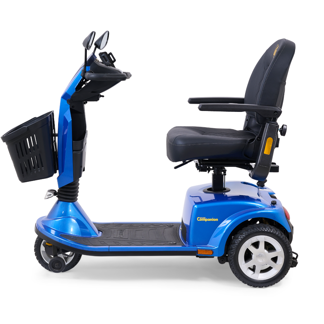 The Golden Tech GC340 Companion is a modern blue bariatric mobility scooter featuring a high-back stadium seat, front basket, four sturdy wheels, handlebars, mirrors, footrest, and an adjustable tiller for enhanced mobility and comfort.