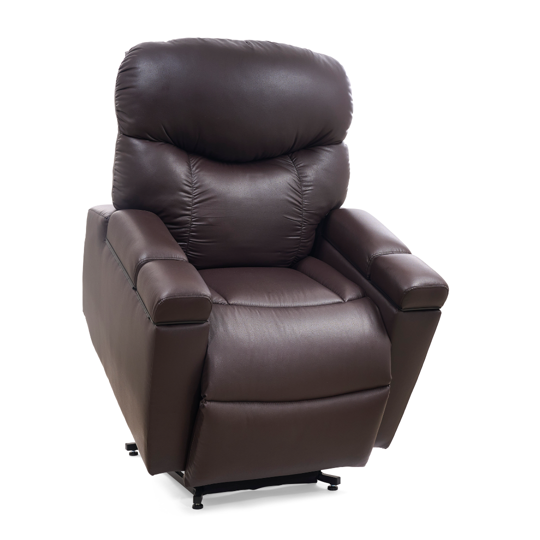 The Golden Tech PR525 Cloud+ Recliner With Lift Assist & Twilight - SM is a dark brown leather chair featuring cushioned armrests and backrest, shown against a white background.