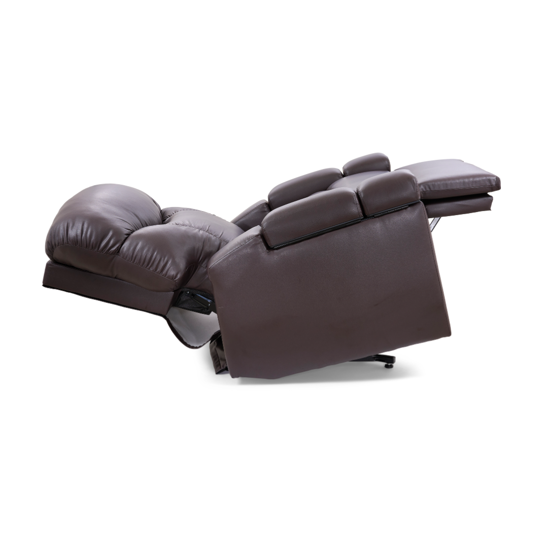 The Golden Tech PR525 Cloud+ Recliner With Lift Assist & Twilight - SM, in brown leather, fully extended to show padded armrests, cushioned memory foam seat, and raised footrest, isolated on a white background.