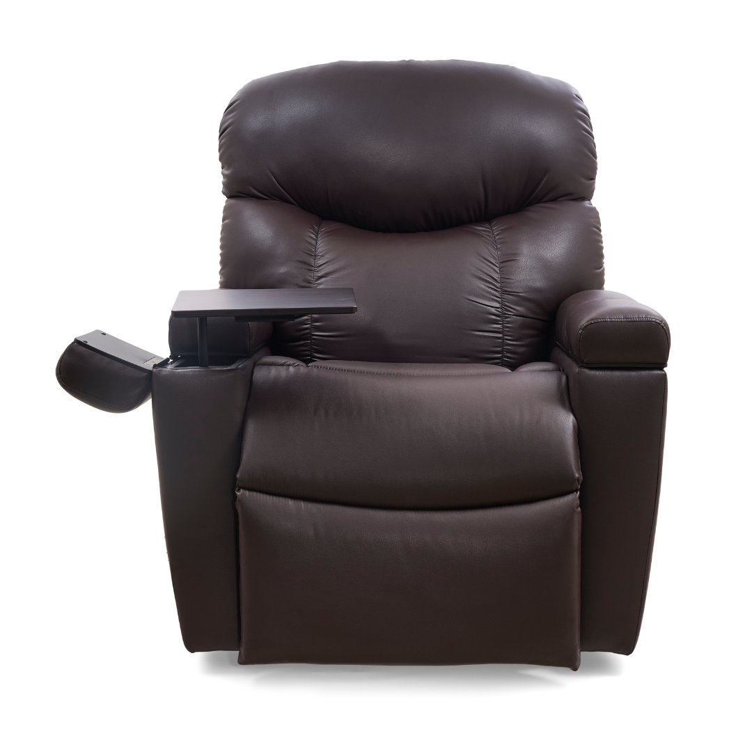 The Golden Tech PR525 Cloud+ Recliner With Lift Assist & Twilight - SM is a dark brown leather power lift chair with padded backrest and armrests, a fold-out tray on one arm, and a cup holder on the other, shown on a white background.