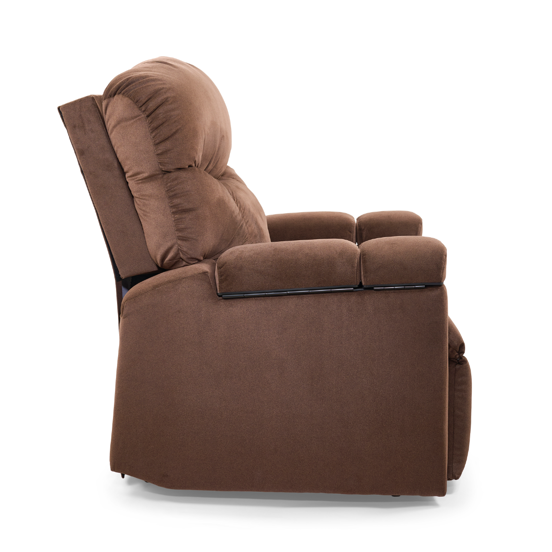 Side view of the Golden Tech PR525 Cloud+ Recliner With Lift Assist & Twilight - SM, featuring padded armrests, backrest, memory foam seat, and soft fabric upholstery, isolated on a white background.