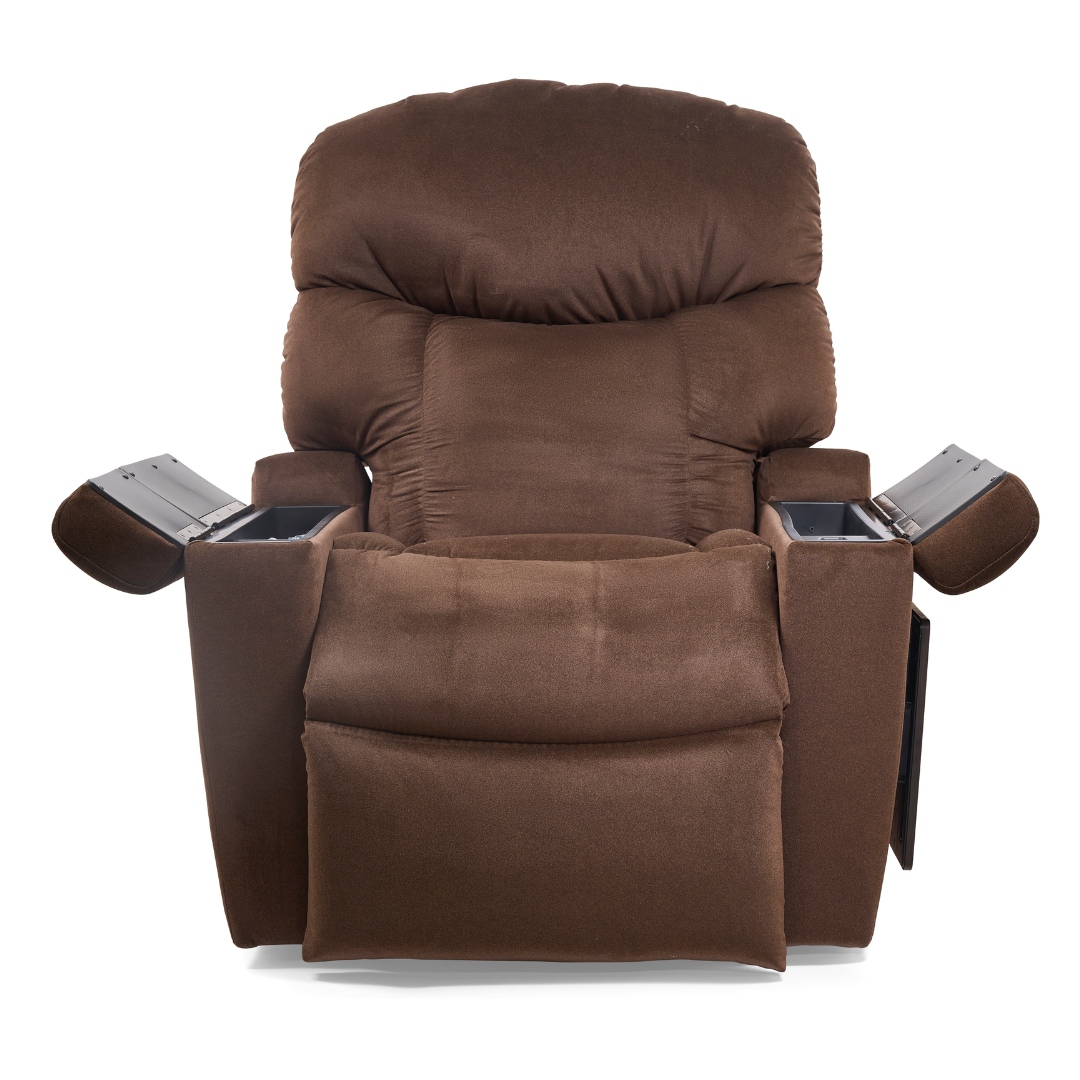 The Golden Tech PR525 Cloud+ Recliner With Lift Assist & Twilight - SM is a plush brown chair with padded backrest and footrest, memory foam seat, and armrests that open to reveal storage compartments.