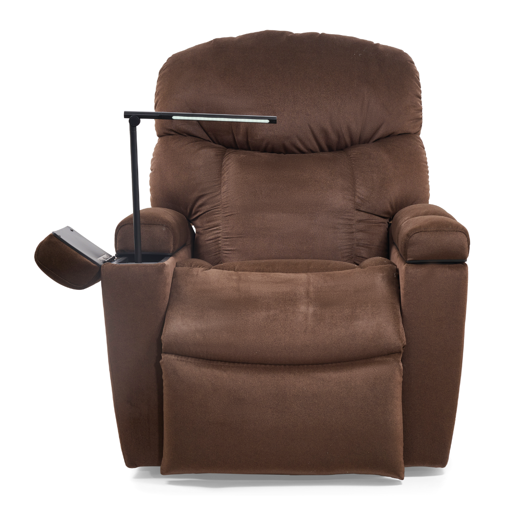 The Golden Tech PR525 Cloud+ Recliner With Lift Assist & Twilight - SM is a brown upholstered power lift recliner with plush cushions, memory foam seat, built-in side table, and an adjustable reading lamp on the armrest.
