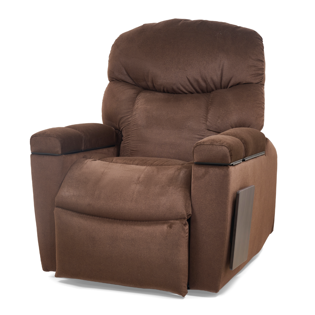 The Golden Tech PR525 Cloud+ Recliner With Lift Assist & Twilight - SM is a plush brown power lift chair with padded armrests, backrest, and a wooden side panel, shown against a white background.