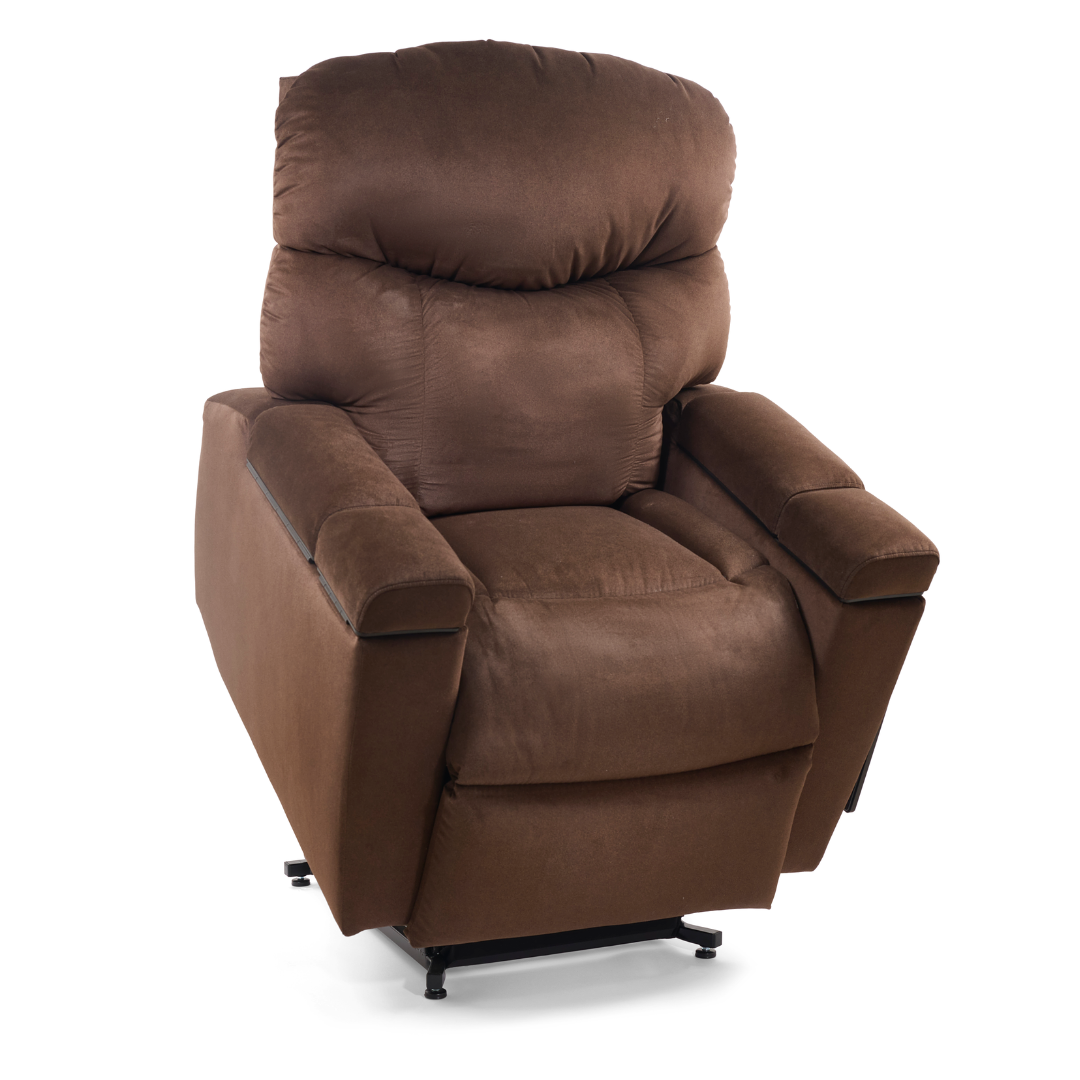 The Golden Tech PR525 Cloud+ Recliner With Lift Assist & Twilight - SM, a plush brown power lift chair with padded armrests and backrest in soft fabric, is shown isolated on a white background.