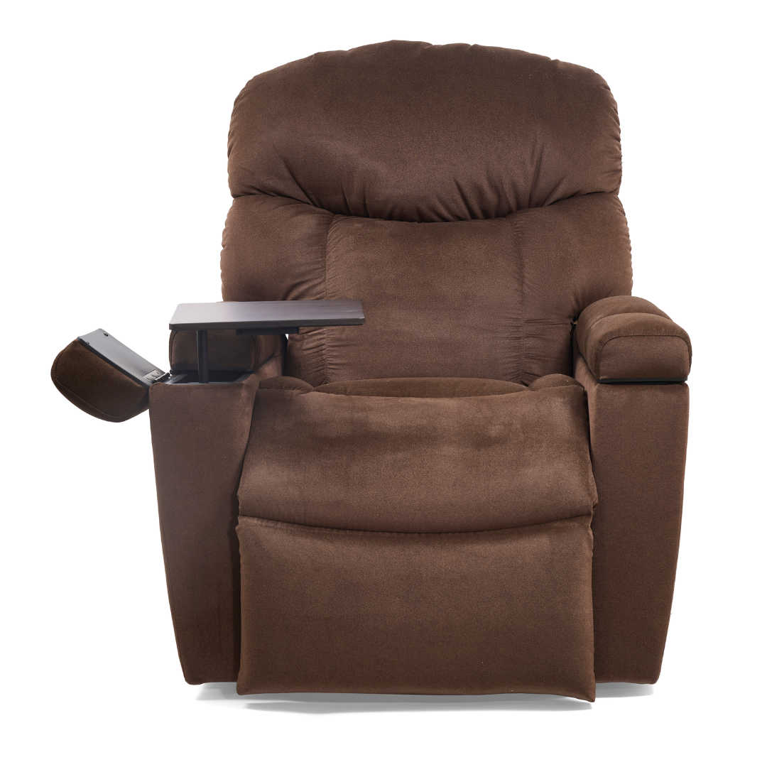 The Golden Tech PR525 Cloud+ Recliner With Lift Assist & Twilight - SM is a brown, plush memory foam chair with a left-arm cup holder and fold-out tray, shown facing forward against a white background.