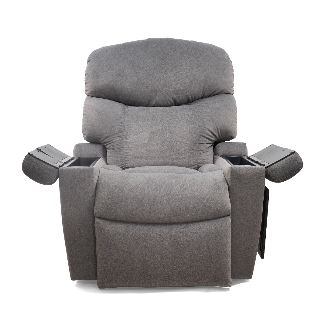 The Golden Tech PR525 Cloud+ Recliner With Lift Assist & Twilight - SM in plush gray features padded armrests and built-in trays on both sides, shown from the front against a white background.