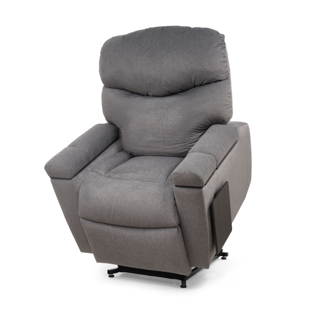 The Golden Tech PR525 Cloud+ Recliner With Lift Assist & Twilight - SM features plush gray fabric, padded armrests, a high backrest, side pocket, and an elevated zero gravity position for easy access and enhanced comfort.
