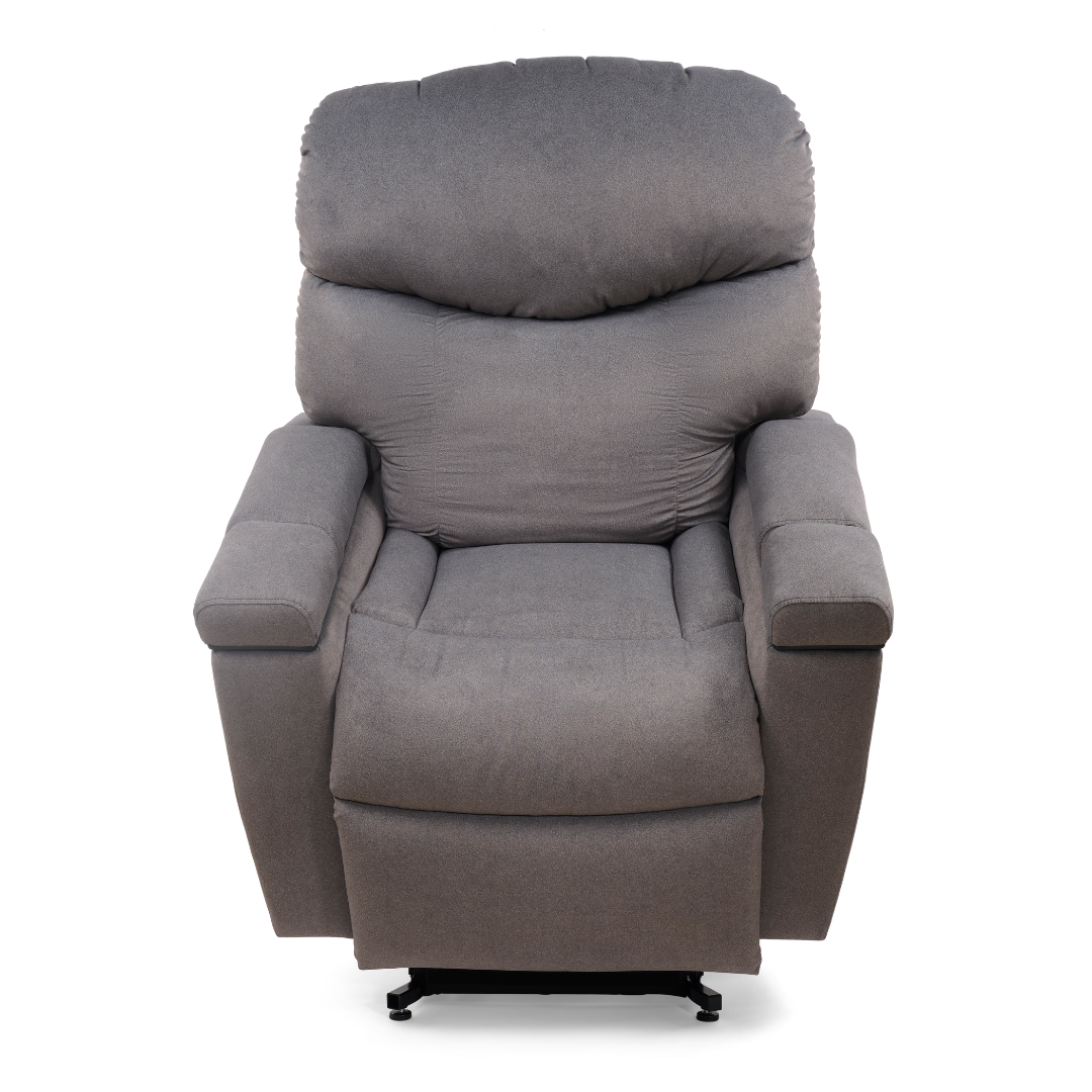 The Golden Tech PR525 Cloud+ Recliner With Lift Assist & Twilight - SM is a plush gray chair with padded armrests, memory foam seat, and high cushioned back, shown against a white background.