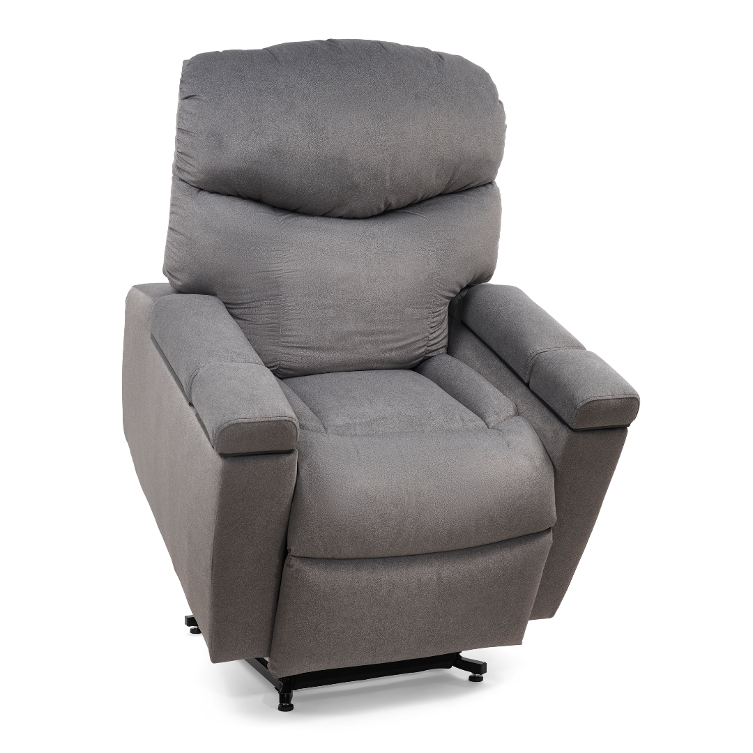 The Golden Tech PR525 Cloud+ Recliner With Lift Assist & Twilight - SM is a plush gray memory foam chair with padded armrests and a cushioned backrest, displayed on a white background.