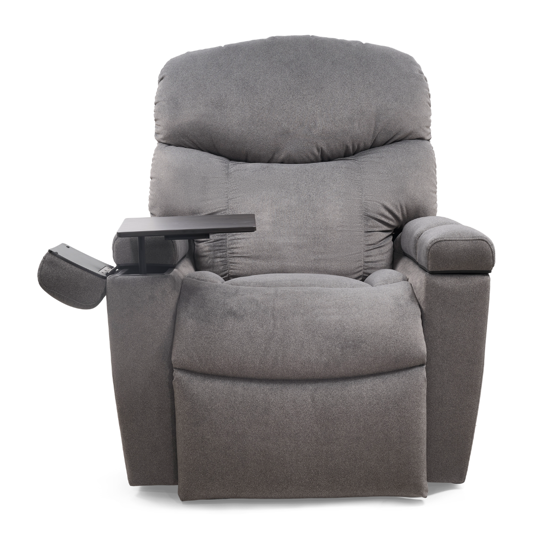 The Golden Tech PR525 Cloud+ Recliner With Lift Assist & Twilight - SM is a plush gray lift chair with thick cushioning, a tray table on one armrest, and a storage compartment on the other, shown against a white background.