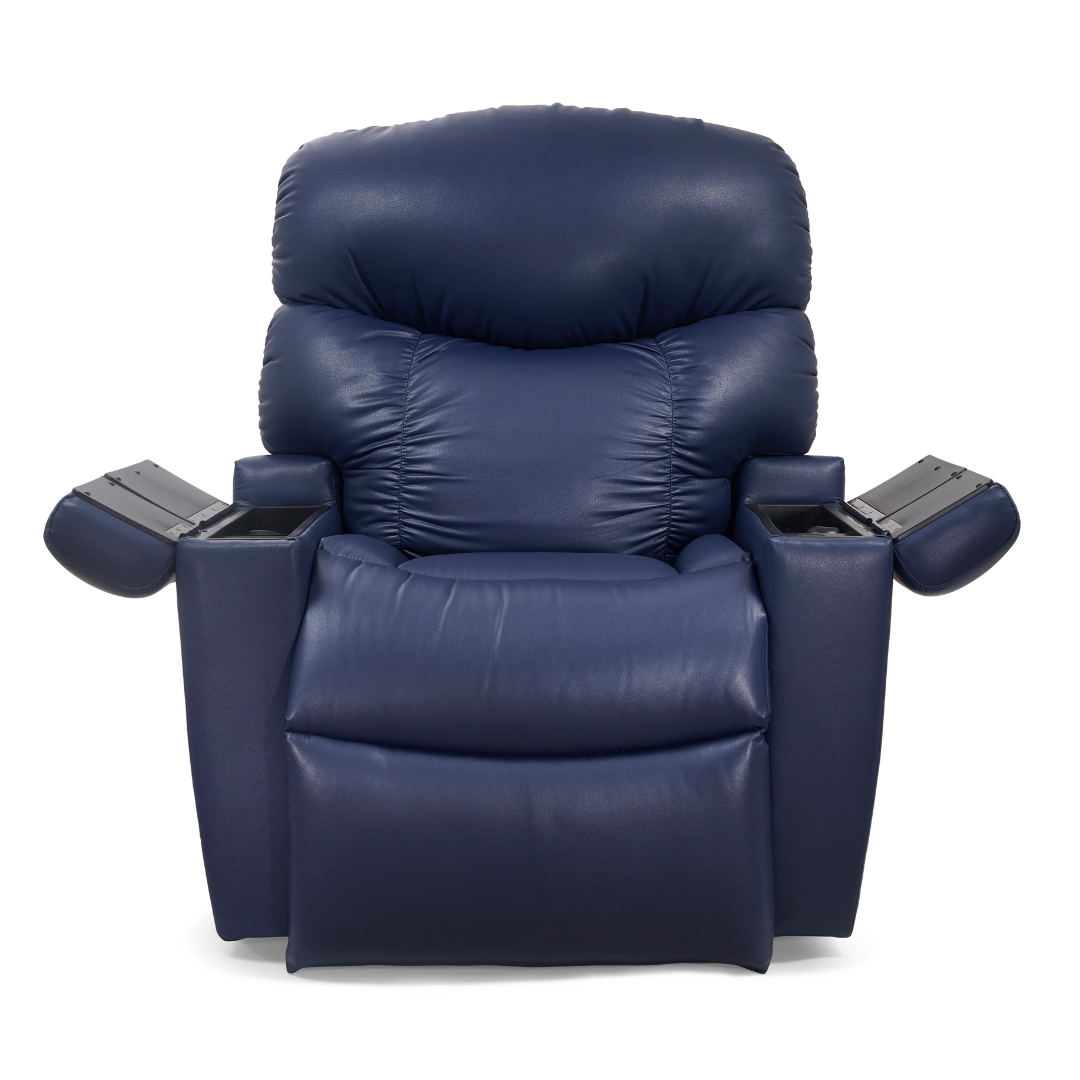 The Golden Tech PR525 Cloud+ Recliner with Lift Assist & Twilight - SM is a blue leather chair featuring thick cushions, two cup holders, and storage compartments in both armrests, shown facing forward on a white background.