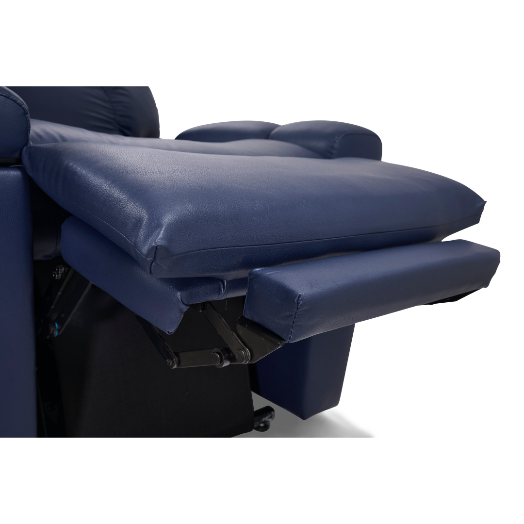 A close-up of the Golden Tech PR525 Cloud+ Recliner With Lift Assist & Twilight - SM in dark blue, shown with the footrest extended, features padded armrests and a plush memory foam seat for superior comfort.