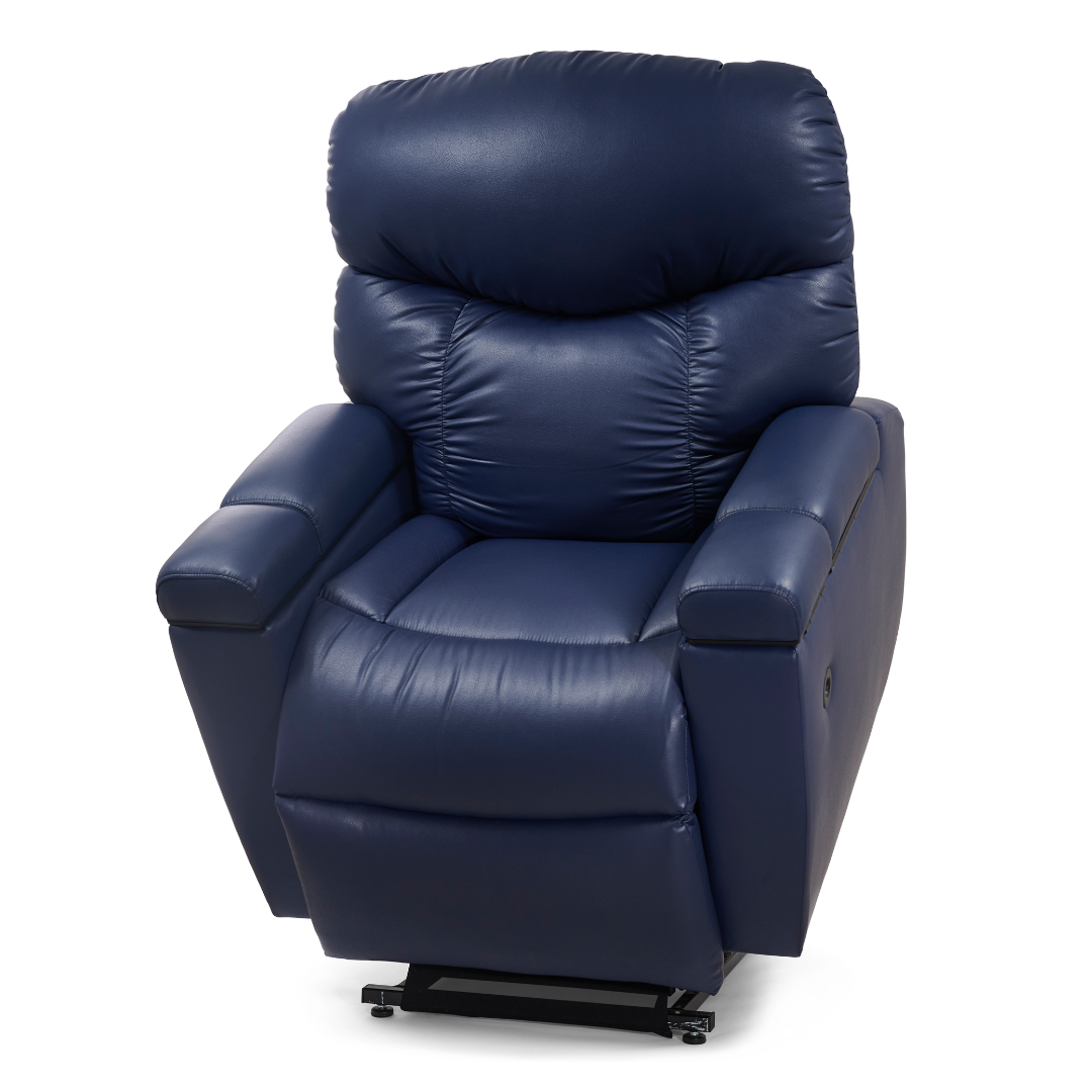 The Golden Tech PR525 Cloud+ Recliner With Lift Assist & Twilight - SM is a dark blue memory foam chair with cushioned armrests, a high backrest, and a partially extended footrest, shown facing forward against a white background.