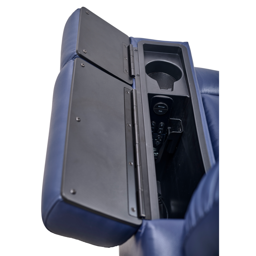 A close-up of the Golden Tech PR525 Cloud+ Recliner With Lift Assist & Twilight - SM shows its blue memory foam armrest with an open storage compartment, revealing a cup holder and remote control inside.
