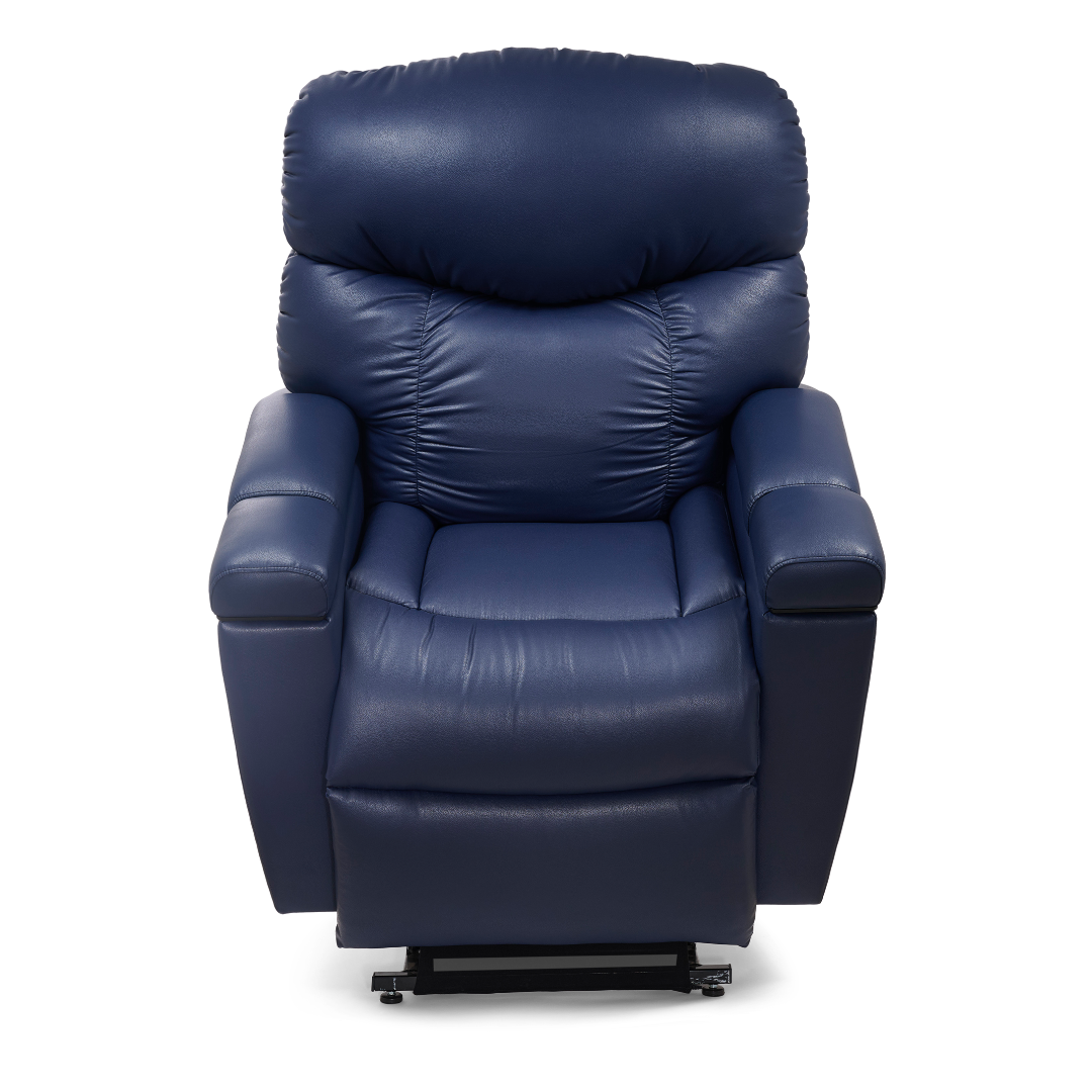 Front view of the Golden Tech PR525 Cloud+ Recliner With Lift Assist & Twilight - SM in dark blue leather or faux leather, featuring padded armrests and backrest, displayed against a white background.