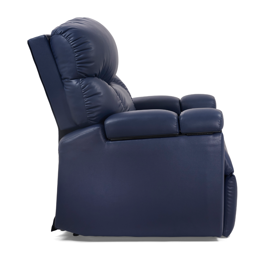Side view of the Golden Tech PR525 Cloud+ Recliner With Lift Assist & Twilight - SM in dark blue, featuring cushioned armrests and a plush backrest, shown against a plain white background.