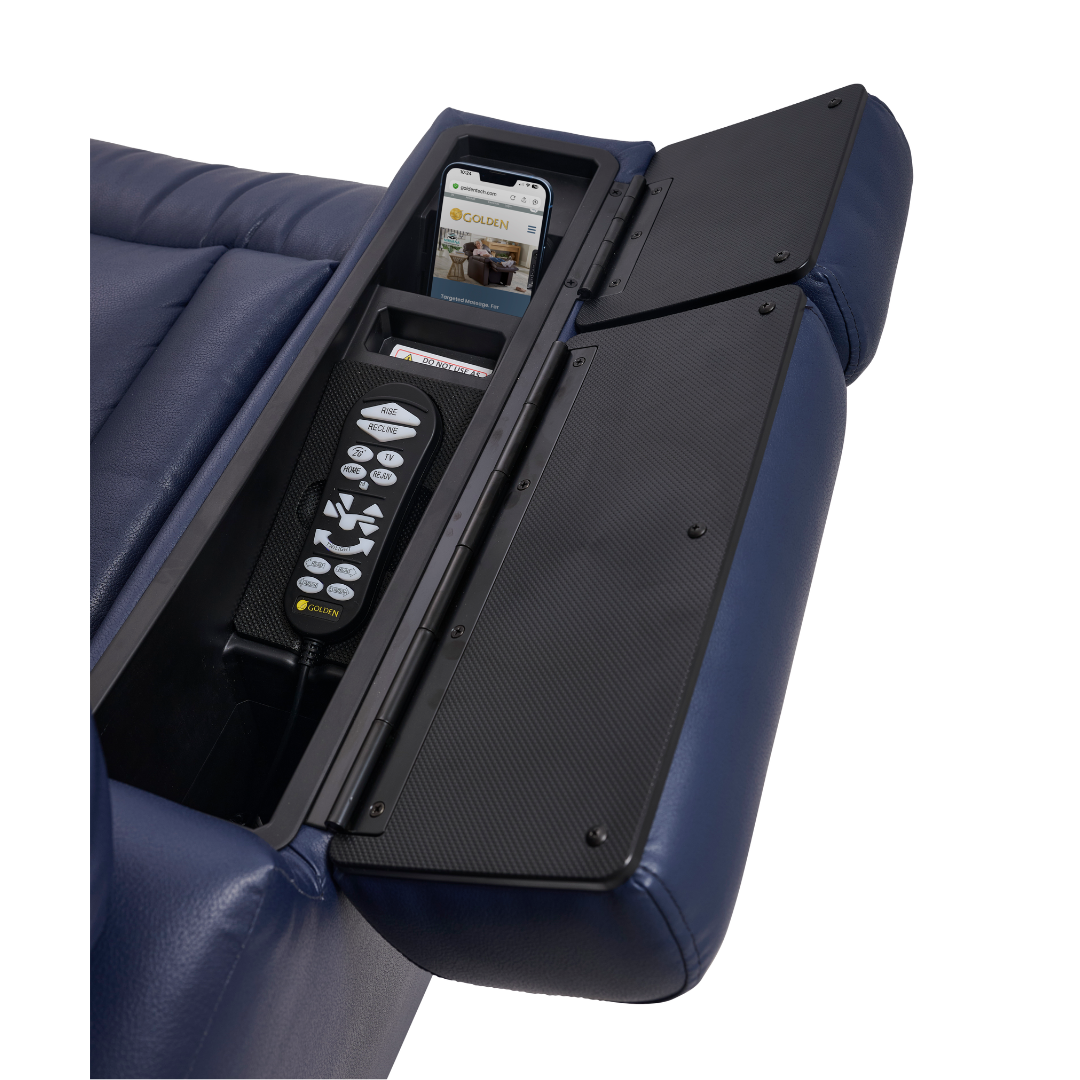 A close-up of the Golden Tech PR525 Cloud+ Recliner With Lift Assist & Twilight - SM shows its blue armrest with a partially open storage compartment holding a remote and smartphone.