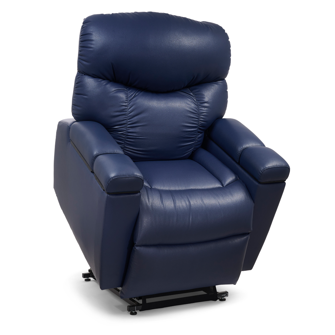 The Golden Tech PR525 Cloud+ Recliner With Lift Assist & Twilight - SM is a plush dark blue leather chair featuring thick cushioning, supportive base, and advanced lift assist for easy standing and exceptional comfort.