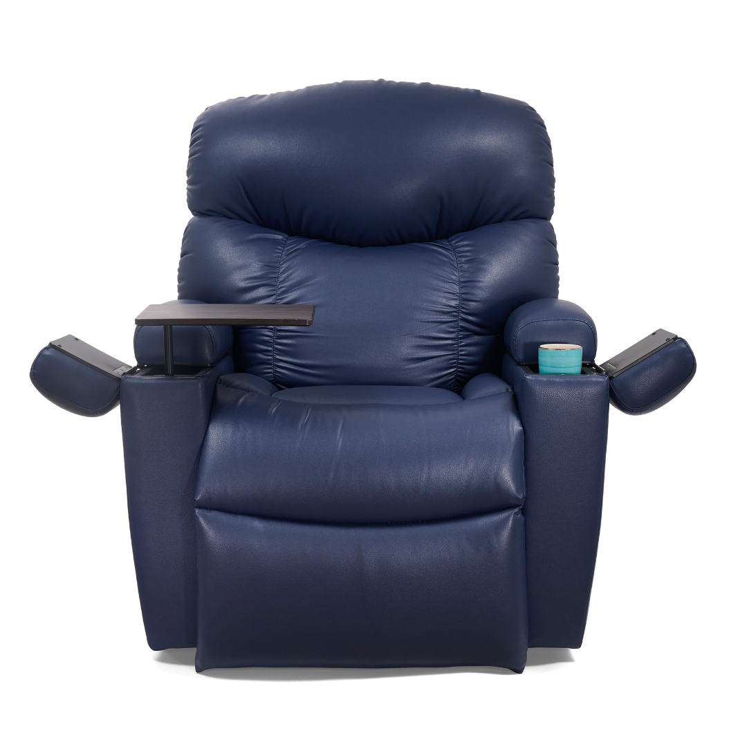 The Golden Tech PR525 Cloud+ Recliner With Lift Assist & Twilight is a large navy blue ergonomic chair with cushioned armrests, a wooden tray on one side, and a cupholder holding a teal cup on the other, viewed from the front.