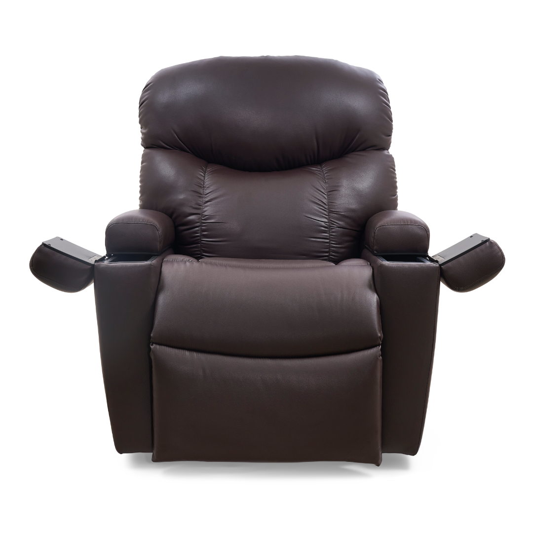 The Golden Tech PR525 Cloud+ Recliner With Lift Assist & Twilight - SM is a large, cushioned brown leather power lift recliner with wide, outward-angled armrests, shown from the front against a white background.