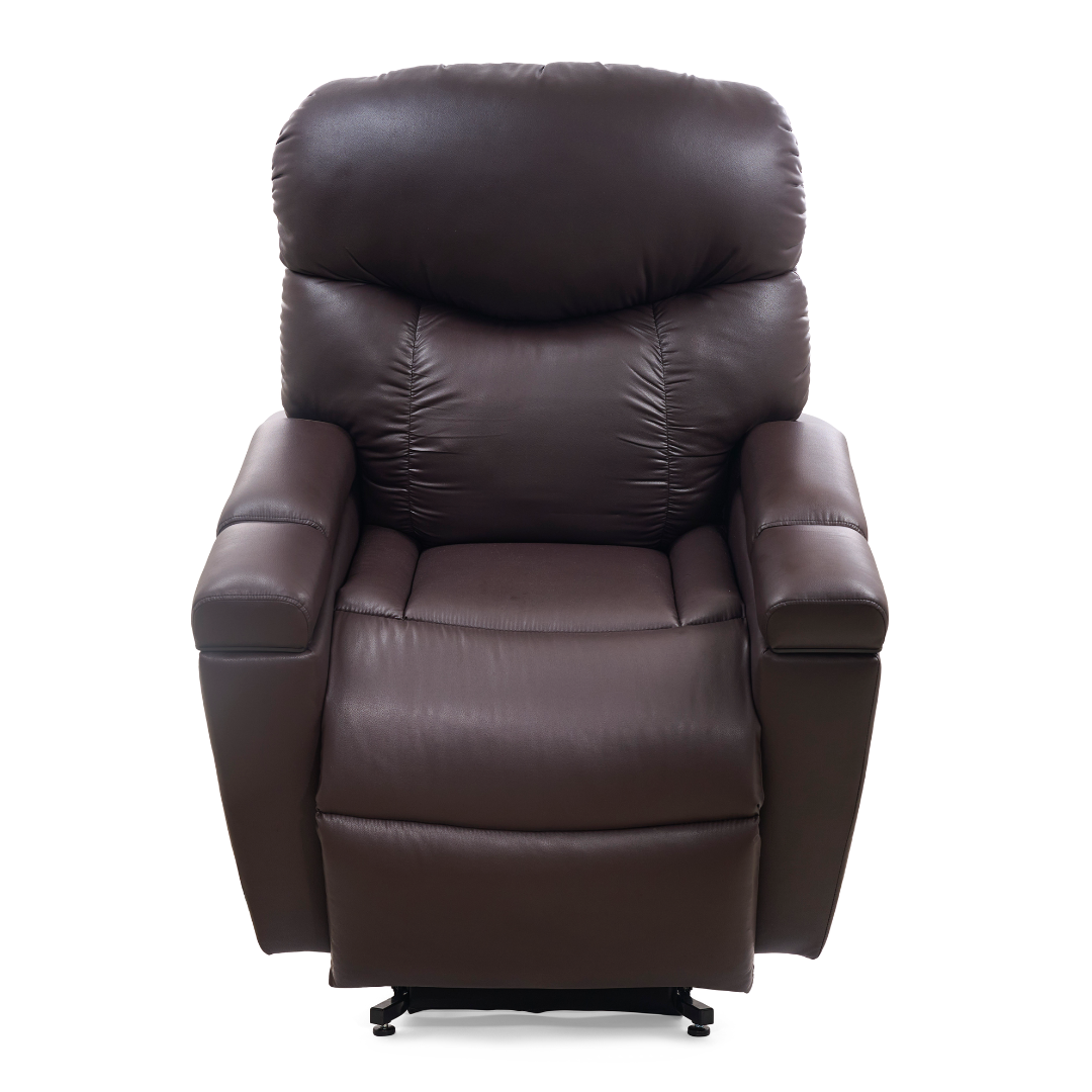 The Golden Tech PR525 Cloud+ Recliner With Lift Assist & Twilight - SM is a brown leather chair designed for comfort and easy use, featuring power lift functionality.