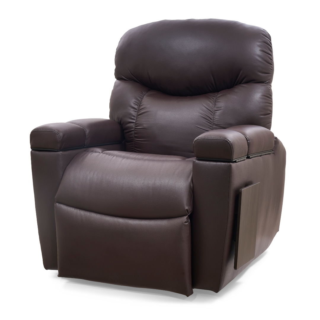 The Golden Tech PR525 Cloud+ Recliner With Lift Assist & Twilight - SM is a plush, spacious dark brown leather chair with memory foam, padded armrests and backrest, a handy side pocket, and is shown against a white background.