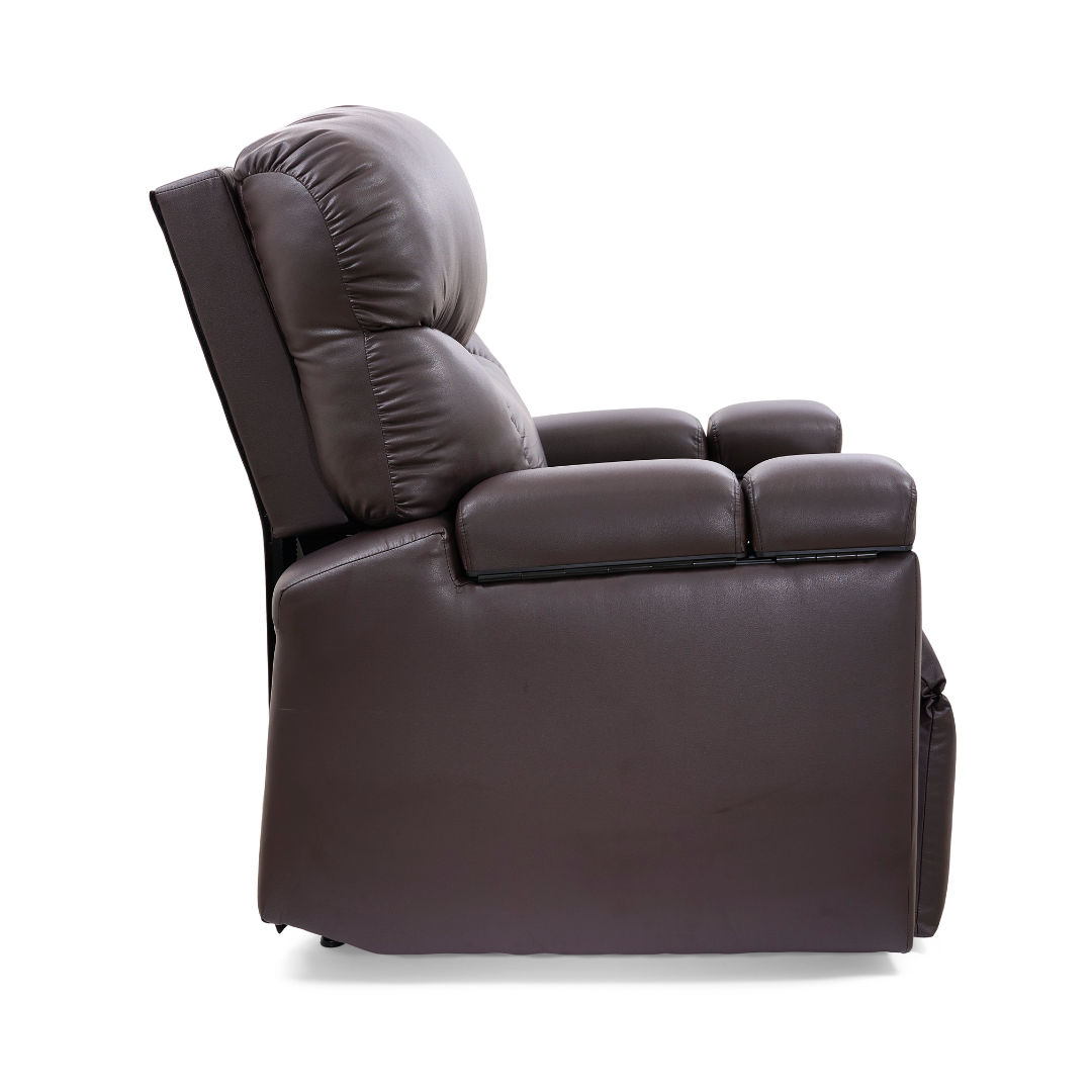 Side view of the Golden Tech PR525 Cloud+ Recliner With Lift Assist & Twilight - SM in brown leather, featuring memory foam, padded back, armrests, and seat, shown against a white background.
