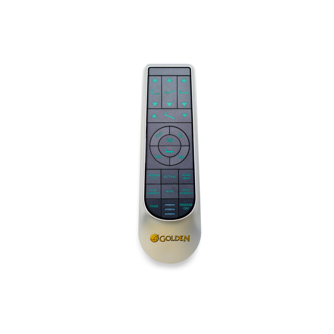 A dark remote with turquoise icons for safety and functionality, featuring arrows, numbers, and various function buttons. The Golden brand is printed in gold at the bottom. Complements Golden Tech Passport Homecare Bed Accessories perfectly.