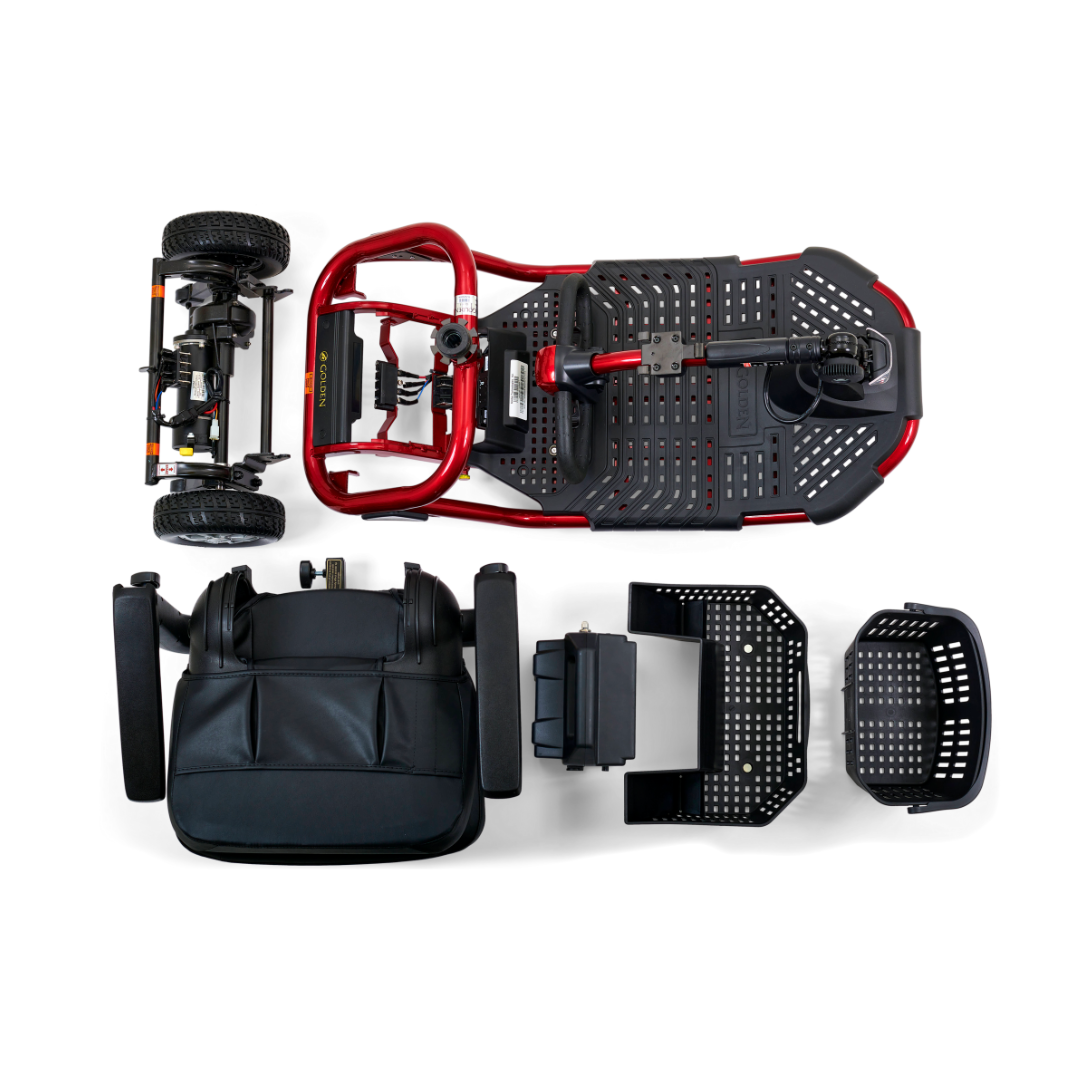 Unassembled Golden Tech GL111 LiteRider 3-Wheel Mobility Scooter in black and red on a white background, showcasing the base with wheels and Delta Tiller, seat, battery packs, perforated footrest, and rear storage basket. Experience hassle-free wireless disassembly for easy setup and transport.