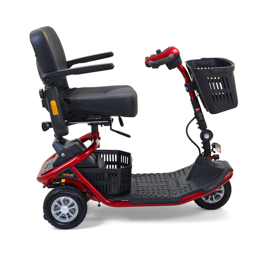 The Golden Tech GL111 LiteRider 3-Wheel Mobility Scooter features a red frame with a black seat and two baskets, one in front and another below the seat. It is designed for personal transport and accessibility, equipped with a Delta Tiller control panel on the handlebar.
