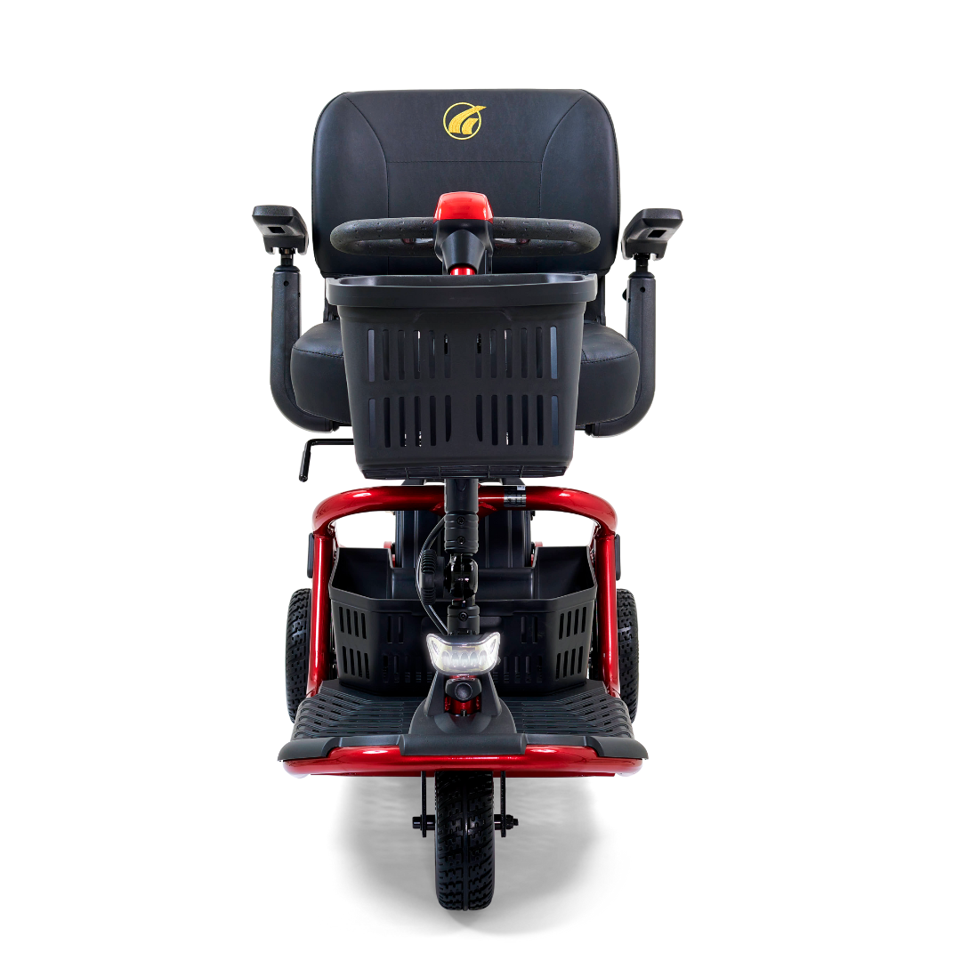 The Golden Tech GL111 LiteRider 3-Wheel Mobility Scooter features a front view showcasing its red frame, black seat, and basket. It has a Delta Tiller for easy steering and a headlight on the front wheel for enhanced safety.