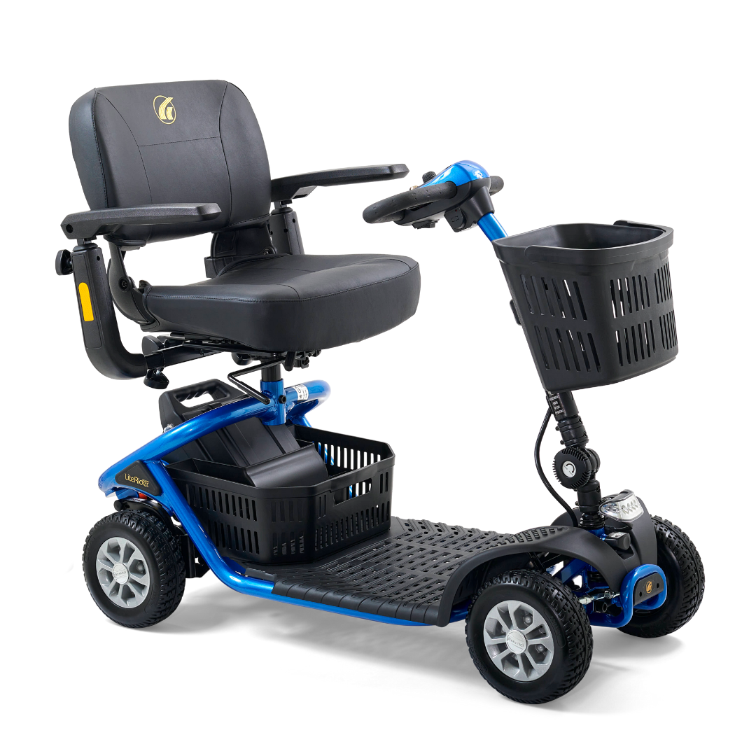 The Golden Tech GL141 LiteRider 4-Wheel Mobility Scooter boasts a stylish blue design and black cushioned seat with armrests. It features a Delta Tiller for easy control, with baskets on the front and under the seat to provide convenience for mobility assistance.
