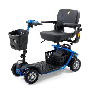The Golden Tech GL141 LiteRider 4-Wheel Mobility Scooter in blue boasts a modern design with four wheels, a padded seat with armrests, and a basket on the handlebars. It features a Delta Tiller control panel and wireless disassembly for easy maneuverability and convenient storage.